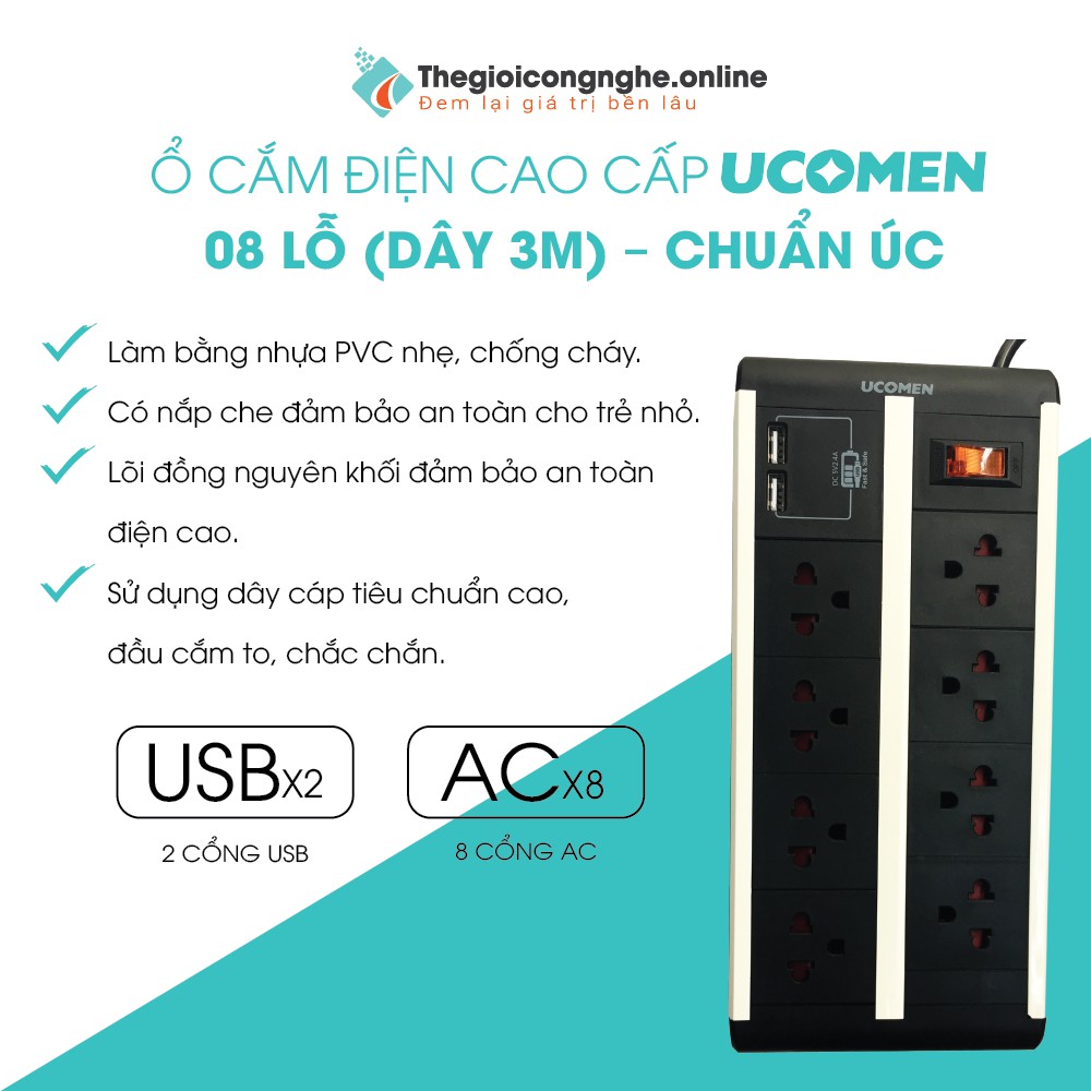 Ổ cắm điện 08 lỗ - 02 cổng USB –Chuẩn Châu Âu