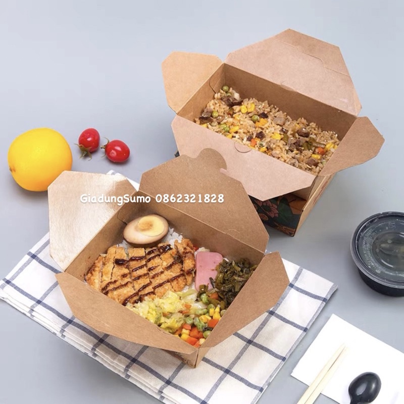 Lốc 10 Hộp Giấy Kraft Thực Phẩm Nắp Gài, Hộp Giấy Đựng BBQ