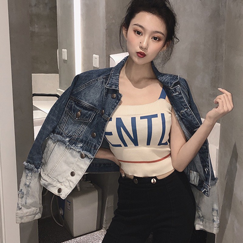 Áo dệt kim sát nách hoạ tiết chữ thiết kế gợi cảm cho nữ