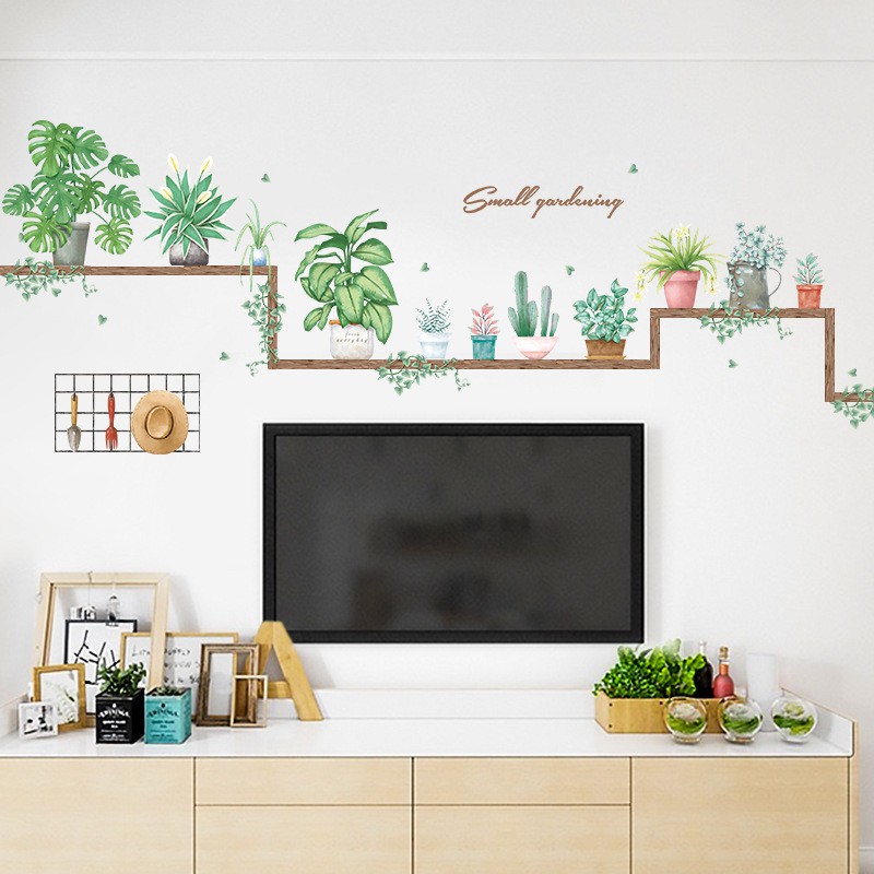 Decal dán tường kệ chậu cây lá nhiệt đới