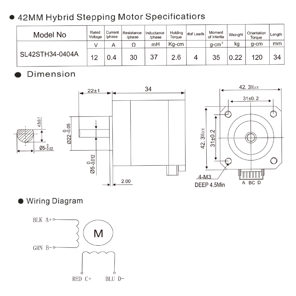 Động Cơ Bước 0.4a 12 / 24v 42x34mm 1.8 ° Cho Máy In 3d