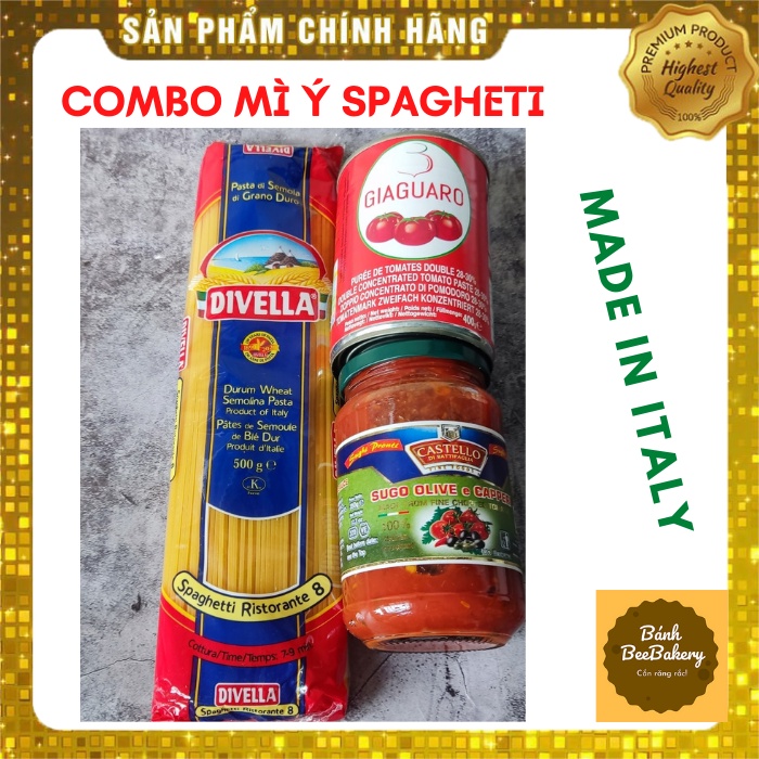 COMBO SỐT MÌ Ý SPAGHETTI [gói mì ý 500g + sốt oliu 350g+ cà chua xay nhuyễn 400g]