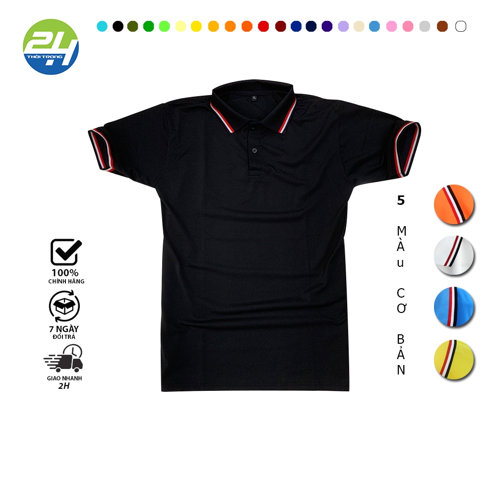 Áo Thun Polo Cổ Bẻ 3 Sọc Màu Thời Trang 24h Nam Nữ Ngắn Tay Vải Cá Sấu 4 Chiều