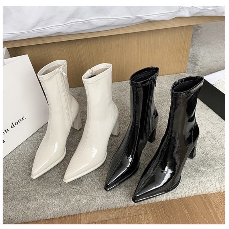 Bốt nữ cổ ngắn da bóng mũi nhọn gót cao 8cm có khoá sườn