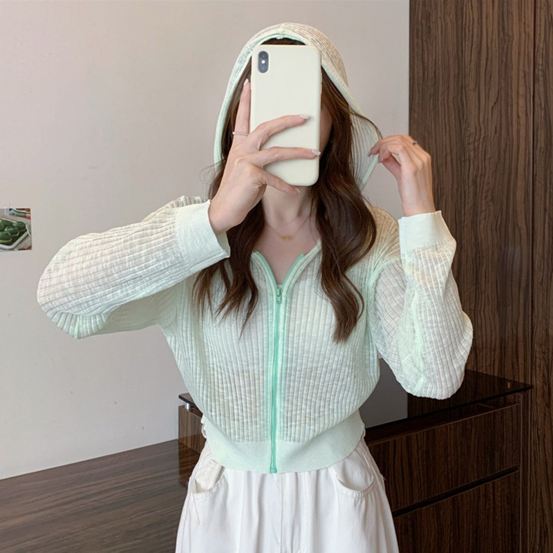 Áo Khoác Cardigan Dệt Kim Tay Dài Vải Lụa Mát Xuyên Thấu Thời Trang Cho Nữ