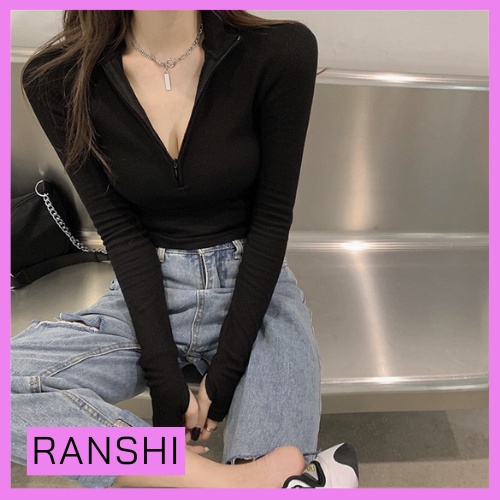 Áo Dài Tay Cổ Lọ Khóa Kéo 3 Phân RANSHI Áo Thun Dài Tay Vải Thun Gân Co Giãn Kiểu Dáng Basic Dễ Phối Đồ - RA073