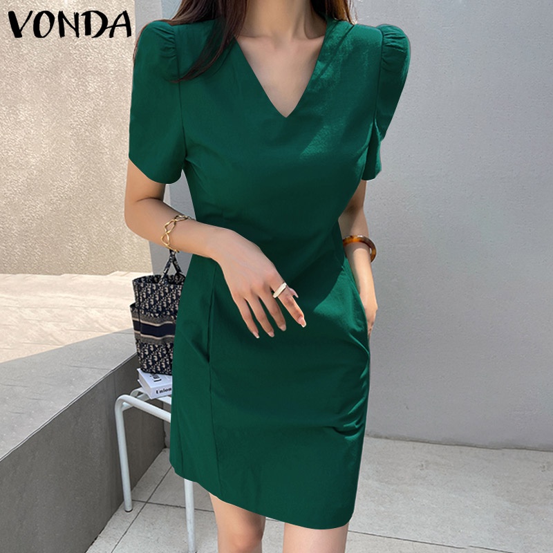 Đầm mini VONDA tay ngắn cổ chữ V màu trơn phối túi thời trang mùa hè Hàn Quốc cho nữ