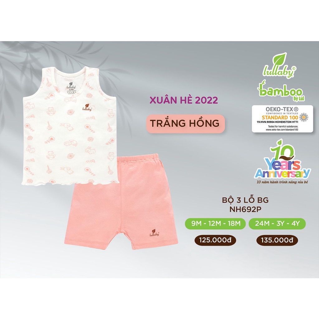 Bộ Lullaby Premium Bamboo cao cấp thoáng mát thấm hút tốt an toàn bộ ba lỗ cho bé trai bé gái NHNH691P