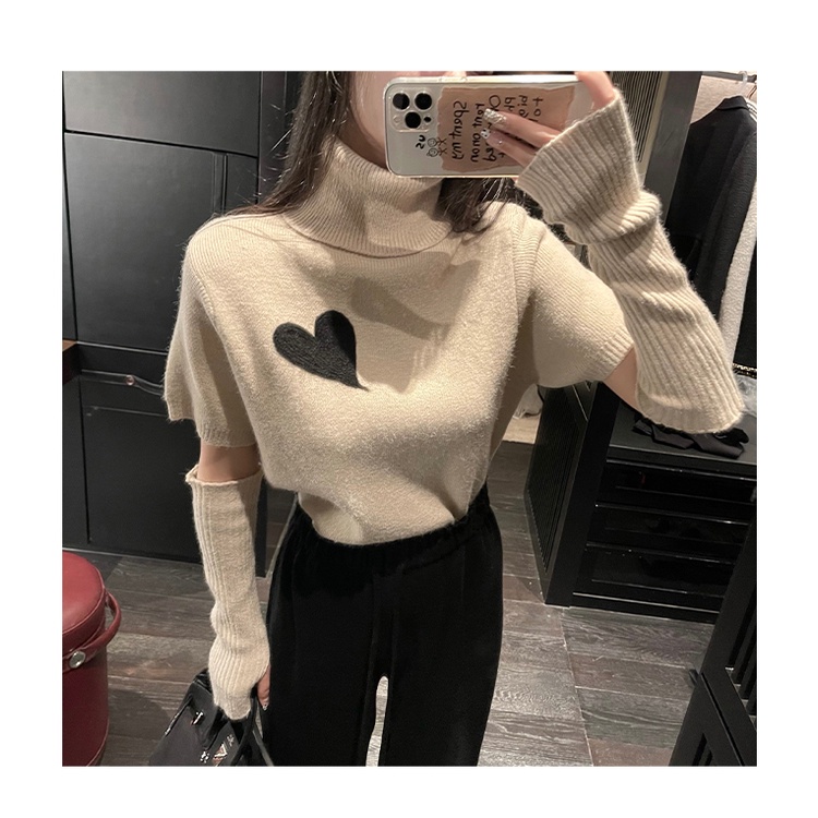 Áo sweater ZHELIHANGFEI cổ cao tay dài tách rời chất liệu dày thêu họa tiết trái tim thời trang thu đông màu trắng/ kaki