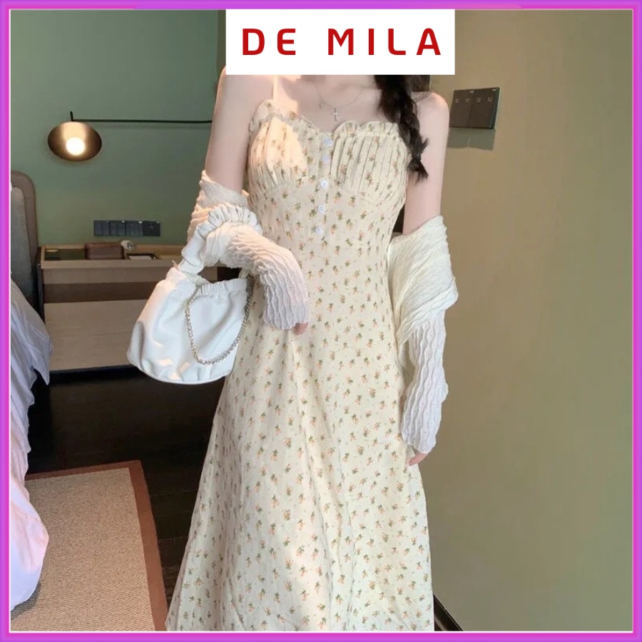 Váy Hoa Nhí Đầm Hoa Hai Dây, Áo Khoác Cardigan Mỏng Thiết Kế Phong Cách Hàn Quốc Cao Cấp - De Mila VHN56