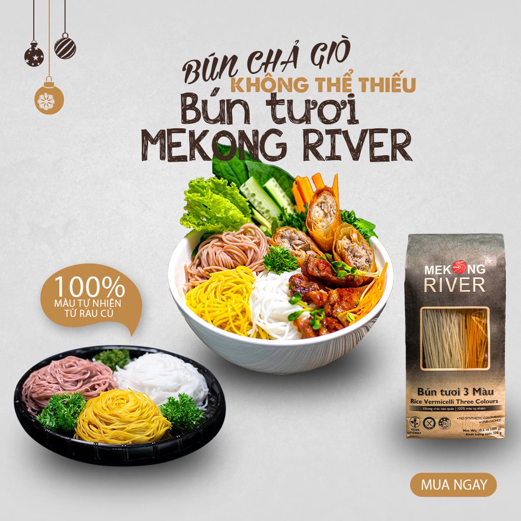 Bún Tươi Ba Màu Mekong River Gói 300G Chính Hãng -  Màu Tự Nhiên Từ Gạo, Củ Rền, Củ Nghệ