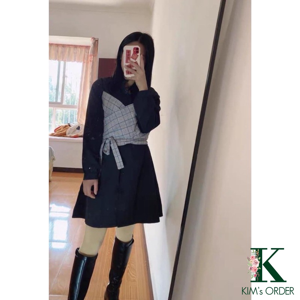 Set váy nữ màu đen màu be phối kẻ thắt nơ eo cá tính thời trang hàng Quảng Châu phong cách Hàn Quốc loại cao cấp đủ size | BigBuy360 - bigbuy360.vn