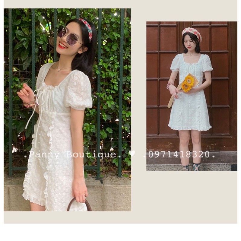 Đầm thô trắng thêu hoa dập nổi nhún bèo, style ulzzang Hàn Quốc 🌻 Panny Boutique 🌻