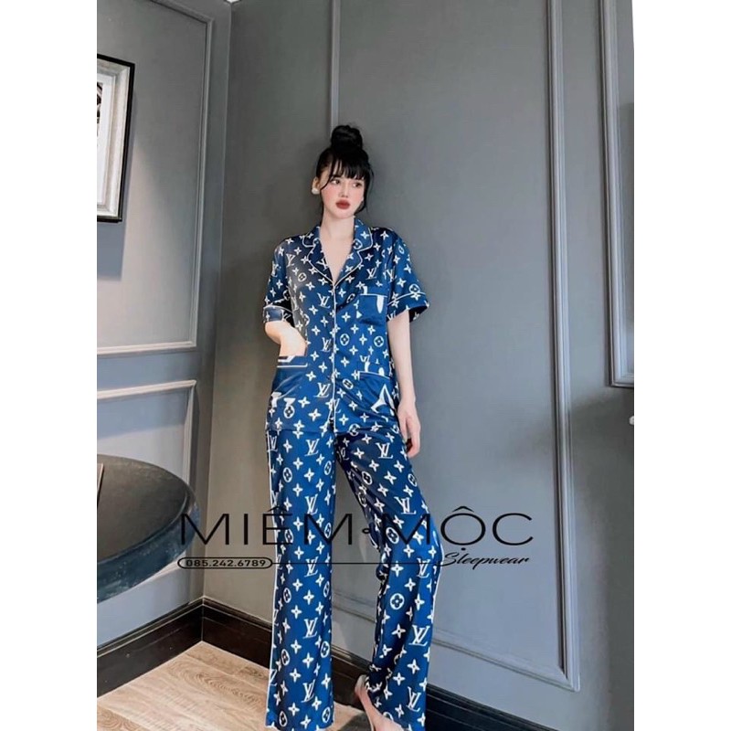 Bộ pịama xanh quần L V lụa silk cao cấp quảng châu