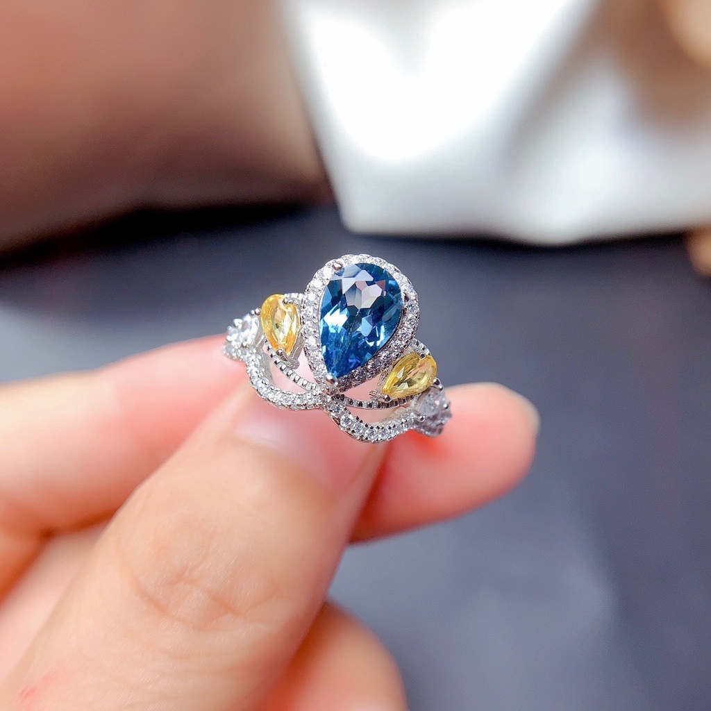 Nhẫn Hở Hai Màu Hình Vương Miện Đính Đá Topaz Xanh Thời Trang Cho Nữ