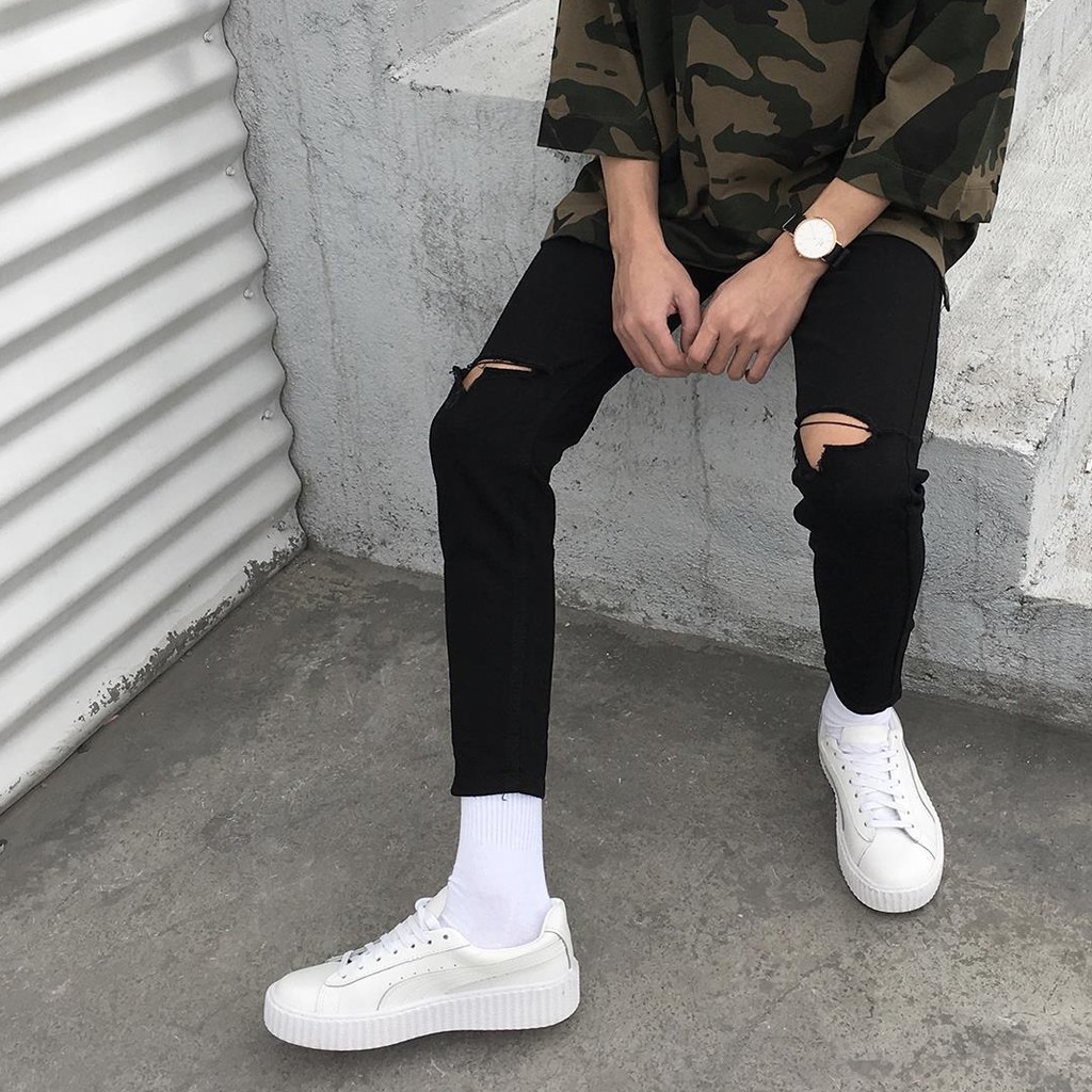 [Tiền Nào Của Đấy]Quần Jean Nam Rách Gối Màu Đen Vải Co Giãn, Không Phai Màu Dáng Skinny Phong Cách Hàn Quốc-J04