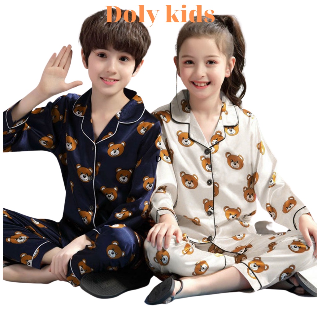 Bộ Pijama bé trai bé gái DOLY-KID. đồ bộ ngủ cho bé trai bé gái dài tay chất lụa in hình gấu QATE44 từ 7-28kg