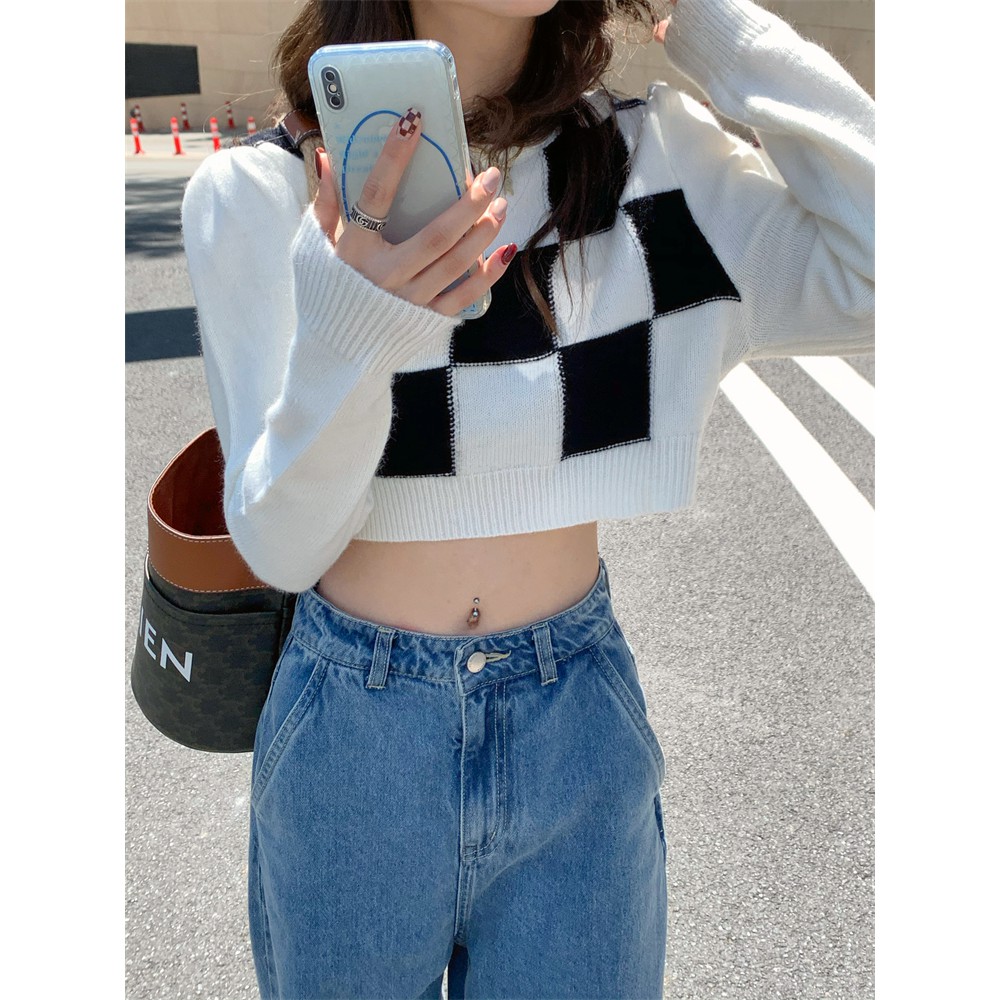 Áo sweater dáng ngắn họa tiết kẻ ô vuông màu trắng đen phong cách Hàn Quốc dễ phối đồ