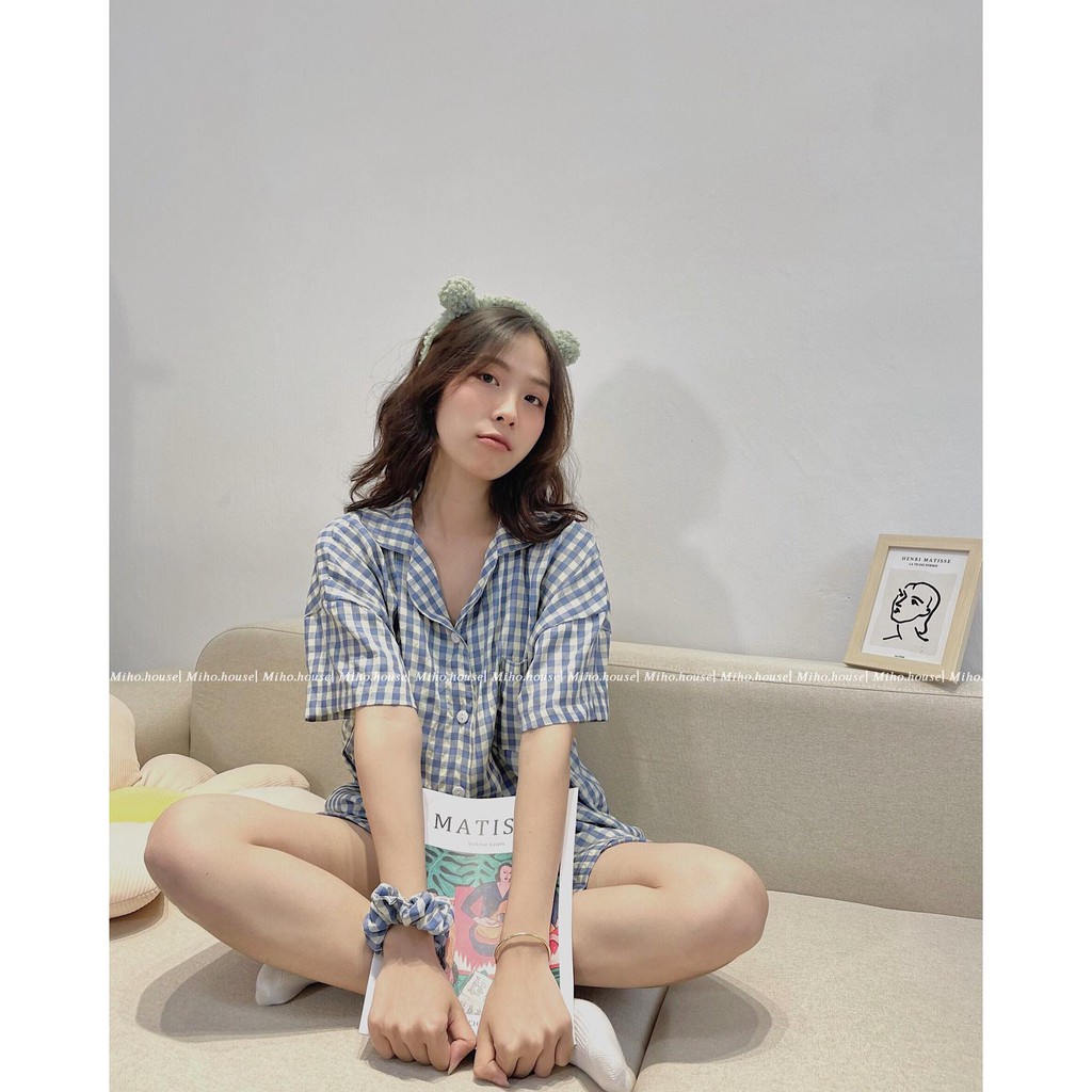 Set đồ ngủ kẻ caro, vải mềm mại, thấm hút Miho house