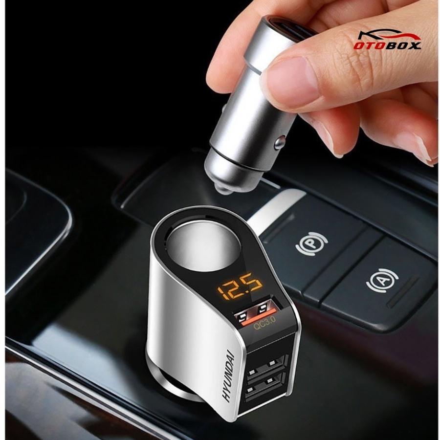 Sạc điện thoại Hyundai QC3.1 gắn trên ô tô chính hãng OTOBOX, tẩu sạc nhanh oto 3 cổng usb, có đèn leb báo điện áp