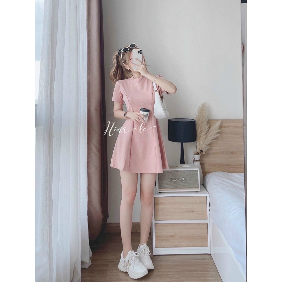 Đầm dáng ngắn tay con xinh xắn hai màu xanh hồng