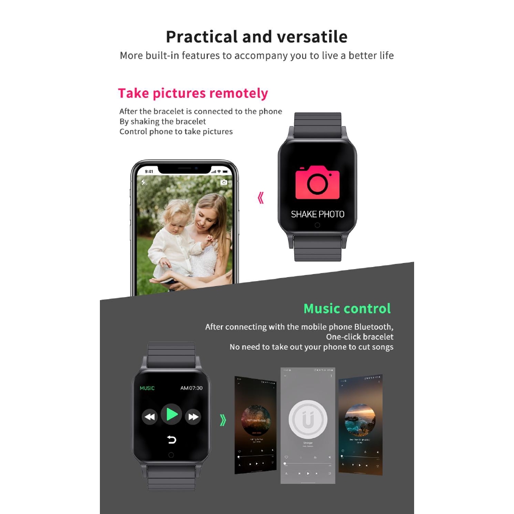 Body Temperature Smart Bracelet Waterproof Bluetooth Camera Music Heart Rate Blood Pressure Watch For IOS Android Bracelet