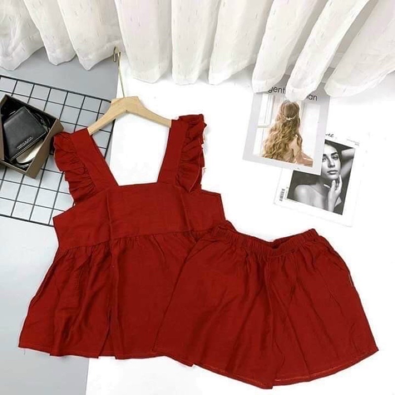 Bộ ngủ babydoll cánh tiên kèm quần xinh xắn -  Sét áo tay cánh tiên chất đũi mát dạo phố xinh xắn 4 màu