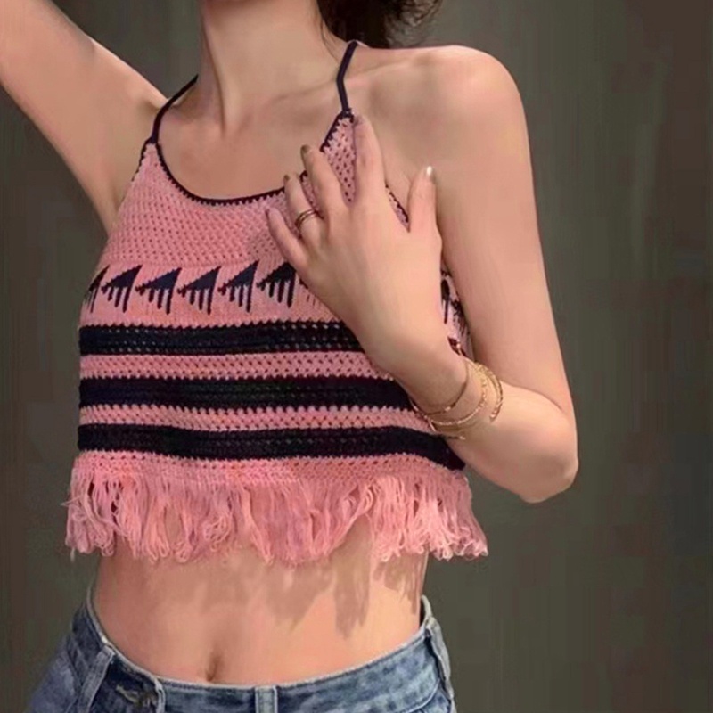 Áo Croptop Dệt Kim Không Tay Phối Dây Cột Phong Cách Boho Vintage Gợi Cảm Cho Nữ Y2K