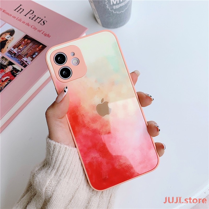 Original New Liquid Silicone Tempered Glass Watercolor iPhone 12 11 Pro Max X XS 7 8 Plus Max Official Phone Case All-inclusive Lens Protection 9H Hard Anti-drop Back Cover