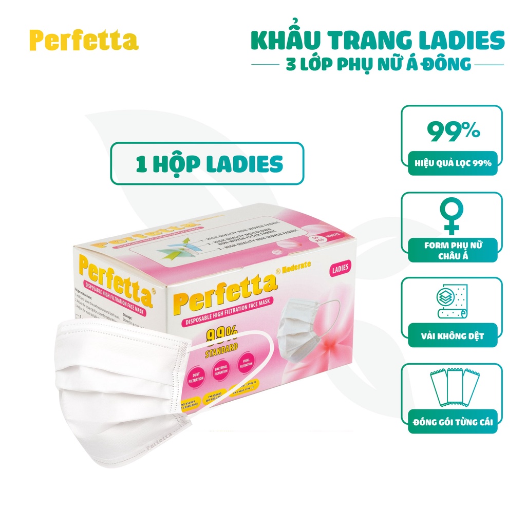 Combo 5 Hộp Khẩu Trang Y Tế Cao Cấp Perfetta Ladies 3 Lớp Cho Phụ Nữ Có Gương Mặt Nhỏ (50 cái/hộp)