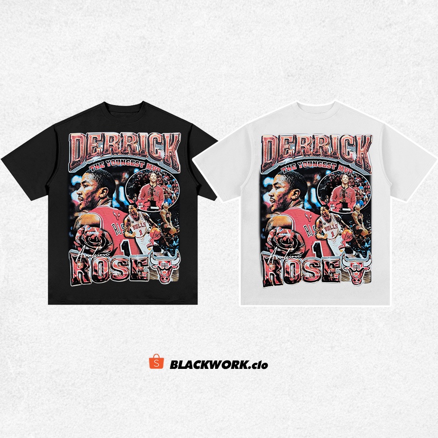 Áo Thun Vintage Derrick Rose 100% Cotton Tay Lỡ Unisex - Đen/Trắng Cổ Tròn | Blackwork