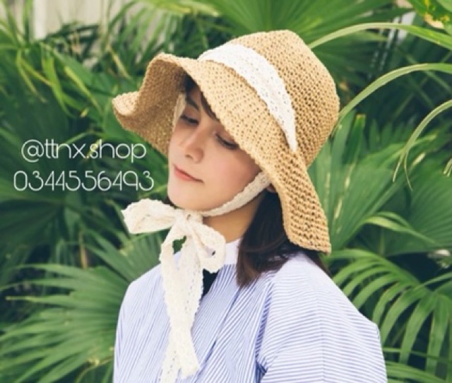 Mũ cói vành mềm buộc nơ ren