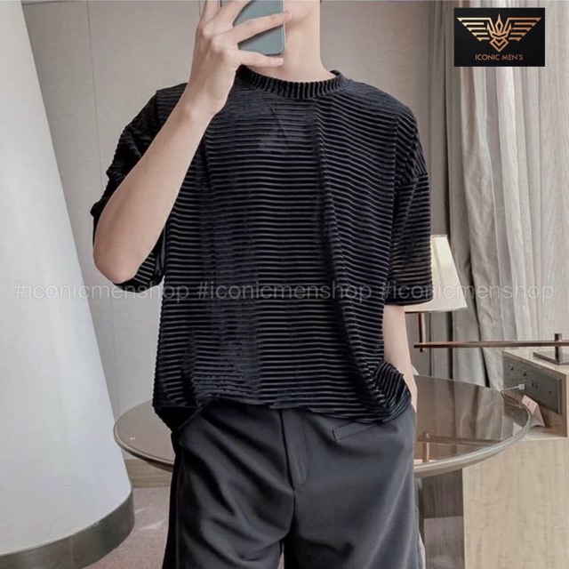 Áo thun nhung nam fom rộng sọc gân