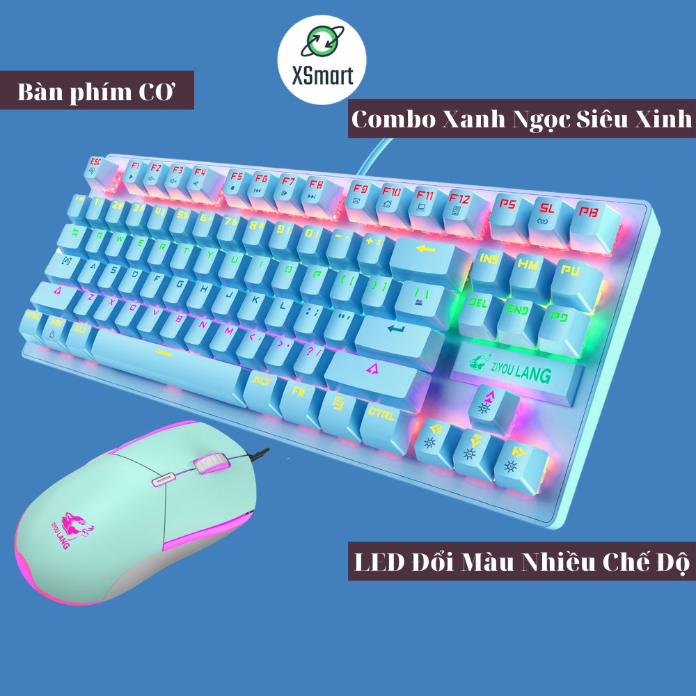 Bộ bàn phím CƠ kèm chuột màu Xanh Ngọc cực độc có LED RGB đổi màu nhiều chế độ cho máy tính laptop pc K2+V7 XANH