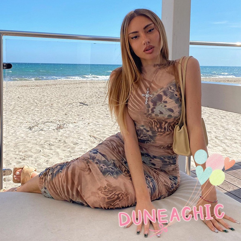 DUNEA Đầm Sát Nách Cổ Tròn In Hình Nghệ Thuật Thời Trang Đi Biển Trẻ Trung Cho Nữ