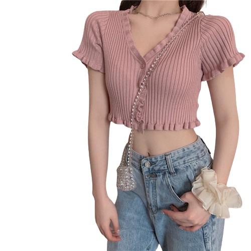 Áo Croptop Dệt Kim Tay Ngắn Cổ Chữ V Màu Trơn Phong Cách Hàn Quốc