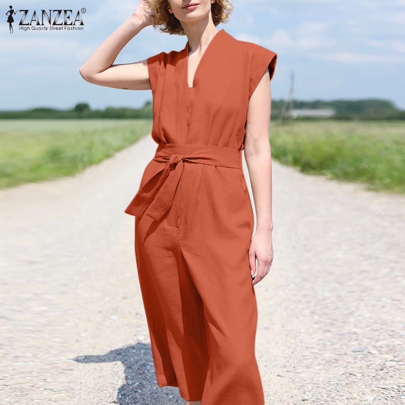 Áo liền quần Zanzea không tay cổ chữ V có nút cài thời trang dành cho nữ