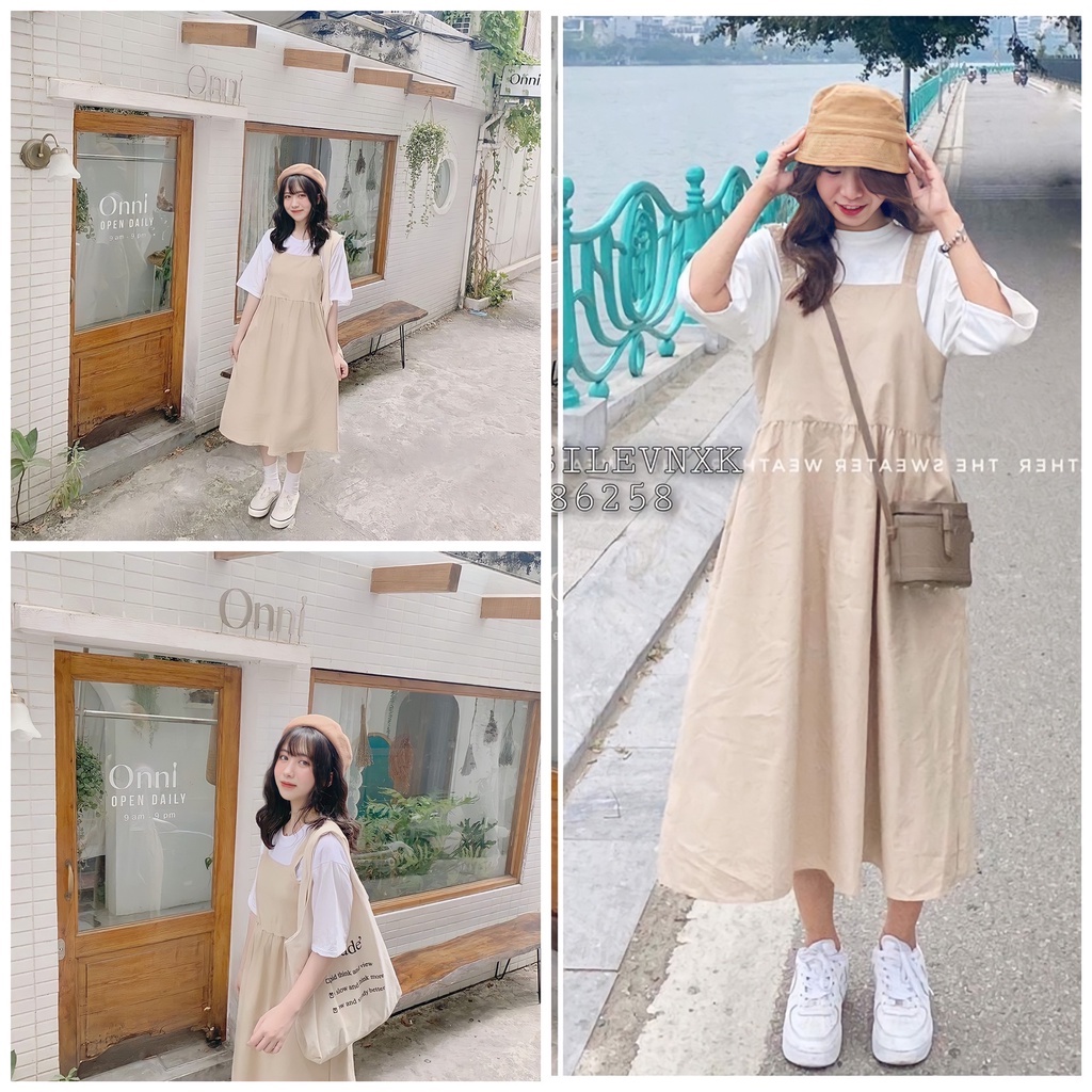 Set Váy Nữ, Bộ Yếm Kaki Mix Kèm Áo Thun Cotton/ Set Yếm Nữ Áo Thun Dáng Rộng