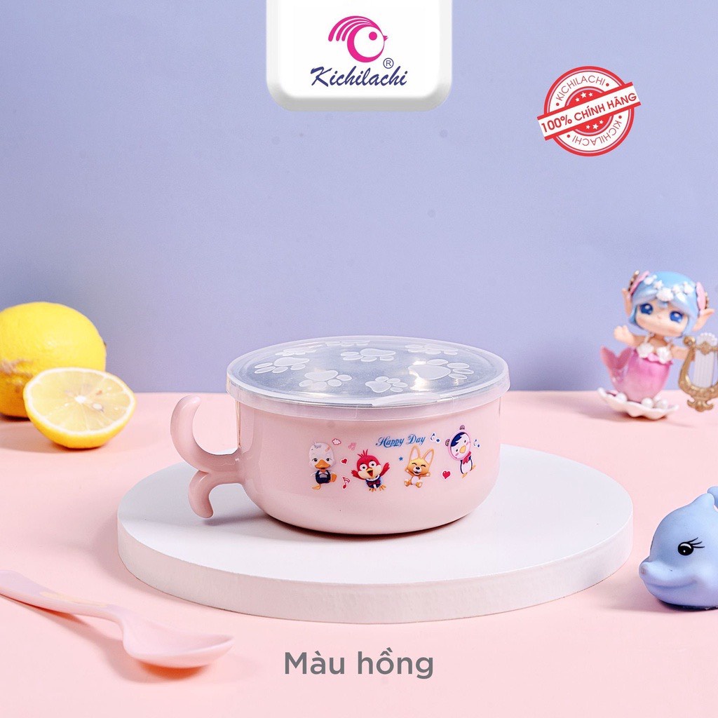 Bát ăn dặm inox kichilachi chống nóng giữ nhiệt 2 lớp kèm thìa