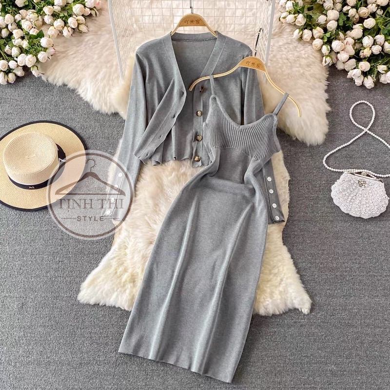 Đầm body len dây phối khoác, Set đầm dây + khoác tay dài chất len dệt kim