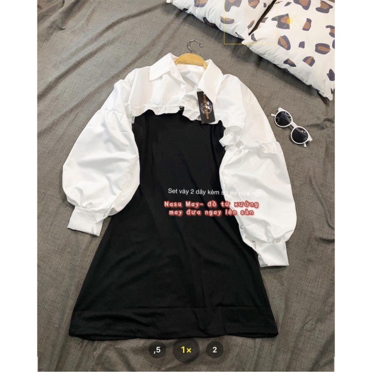 Set Jenni Áo Sơ Mi Croptop Nửa Ngực Mix Váy 2 Dây body 🦋 Nasu may🦋 Set áo tay bồng dài tay trắng kèm váy đen hot