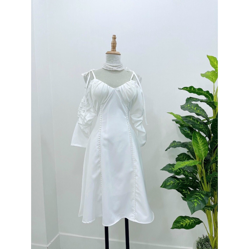 đầm lụa kiểu bệt vai dây cột tay dài