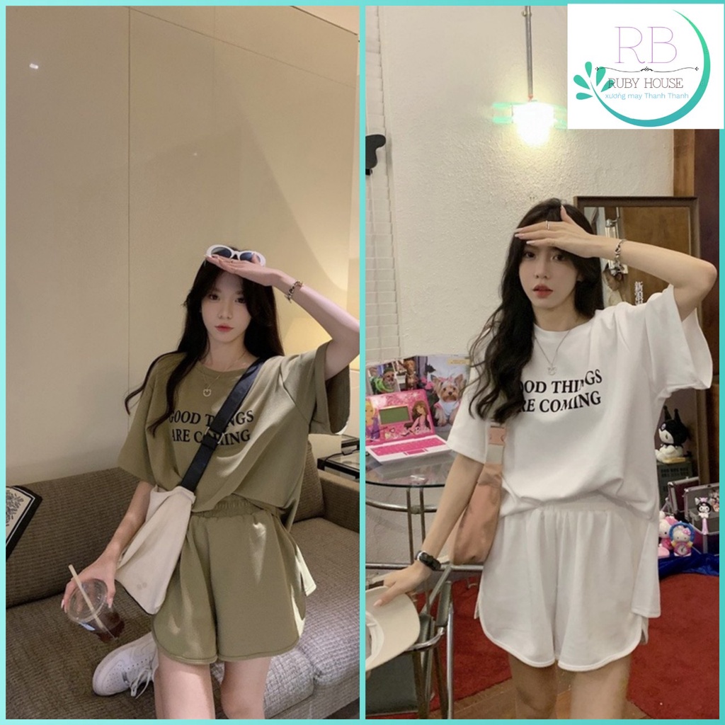 Bộ đùi ngắn tay GOOD Quần Short Rút Dây Áo Phông Form Rộng Tay Lỡ In Hình Retro Hàn Quốc Ulzzang