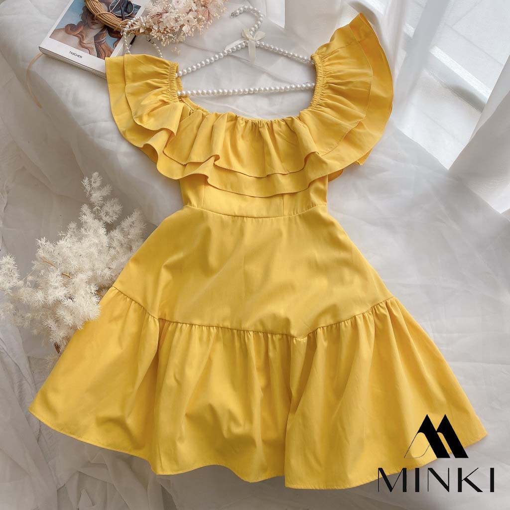 ĐẦM VÀNG TRẮNG BẸT VAI - CHẤT LIỆU CAO CẤP - MÀU TRẮNG , VÀNG | BigBuy360 - bigbuy360.vn