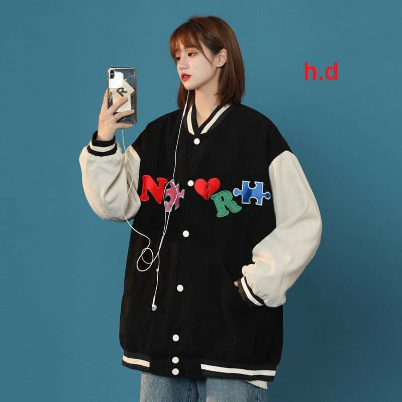 Áo Khoác Bomber Ns Tim đỏ cúc bấm nam nữJacket Unisex Chất nỉ vs gió Form &lt;55kgÁo Bóng Chày Phong cách Thể thao