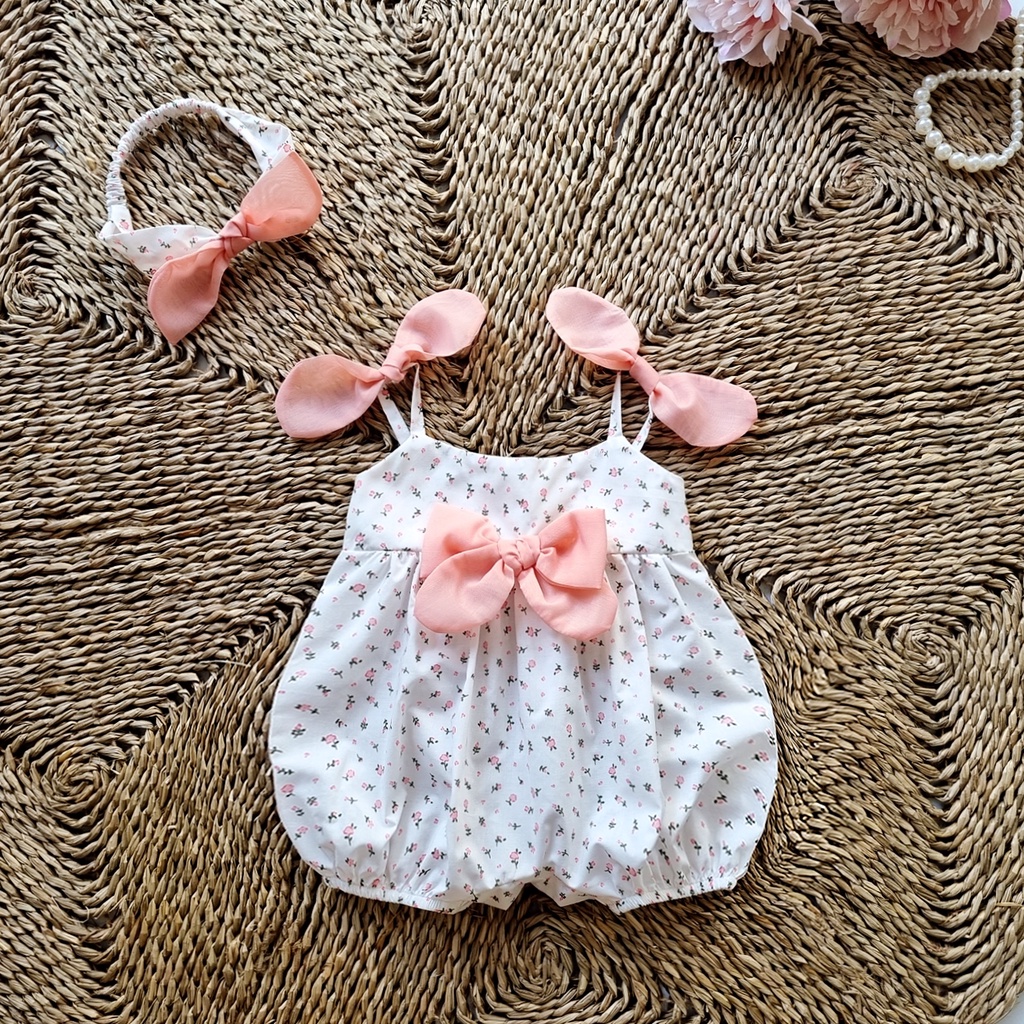 Bodysuit cho bé gái sơ sinh kèm turban chất liệu mềm mát ⚡ 𝗙𝗥𝗘𝗘𝗦𝗛𝗜𝗣 ⚡ Set body trẻ em 2 dây phối nơ dễ thương