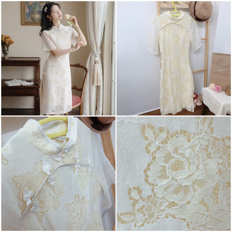 Sườn xám tone trắng be thanh lịch dưới 60 kg