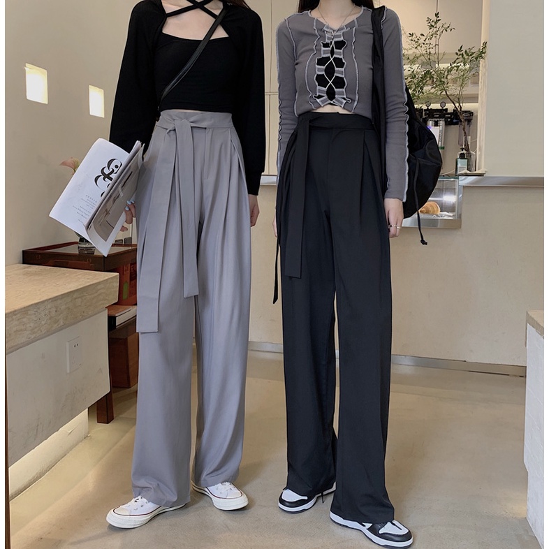 SUXI Quần Dài Lưng Cao Ống Rộng Màu Sắc Đơn Giản Dễ Phối Đồ