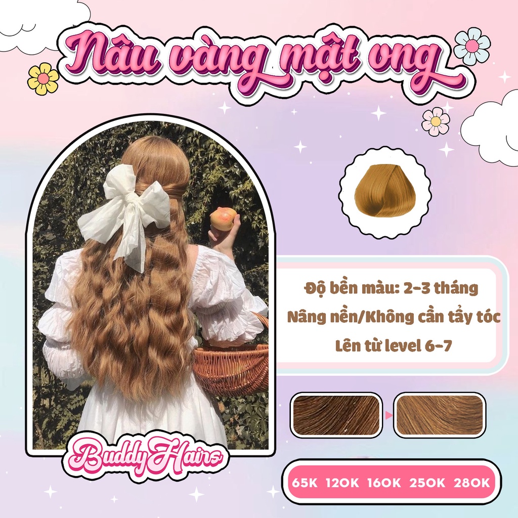 Thuốc nhuộm tóc NÂU VÀNG MẬT ONG không dùng thuốc tẩy tóc của buddyhairs tặng kèm găng tay, mũ trùm, trợ nhuộm tiện ích