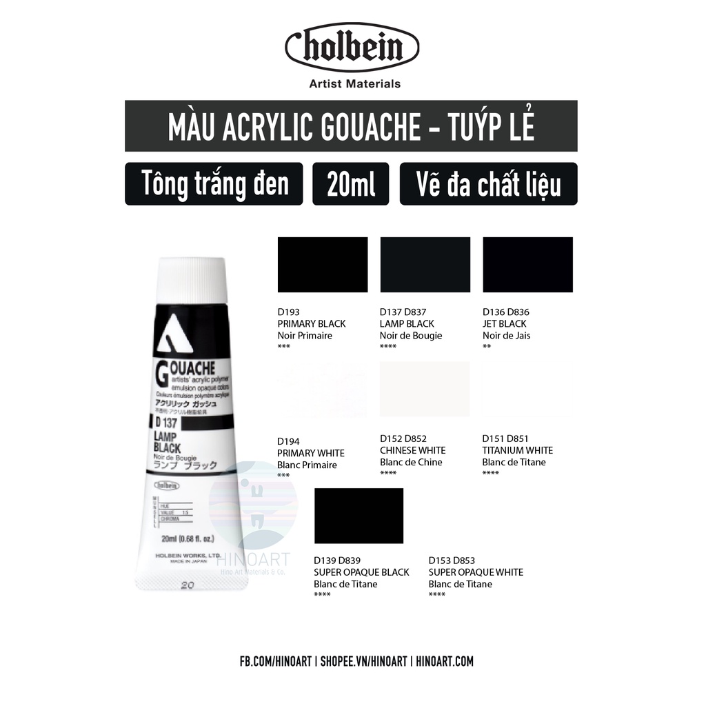 Màu vẽ Acrylic Gouache Holbein tuýp 20ml